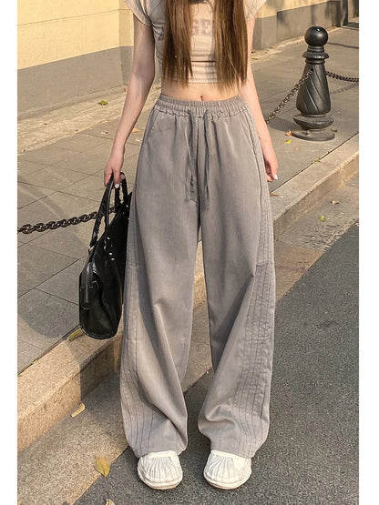 maoxiangshop Side Stripe Retro Loose Lace-up Wide Leg Casual Long Women Pants Korean Fashion High Waist Trouser Lady Autumn Y2k Street Pants