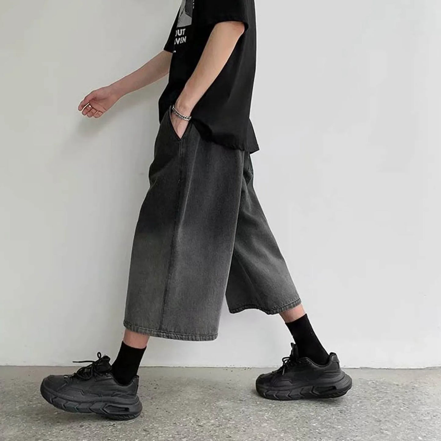 maoxiangshop 2024 New Summer Men's Denim Shorts Casual Summer Shorts Elastic Waist Wide Leg Shorts Drawstring Baggy Jeans Shorts Male Summer