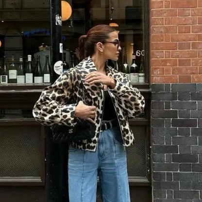 maoxiangshop  -  Vintage Leopard Print Bomber Jacket Women Elegant Lapel Long Sleeves Zipper Pockets Lady Coat 2024 Autumn High Street Streetwear