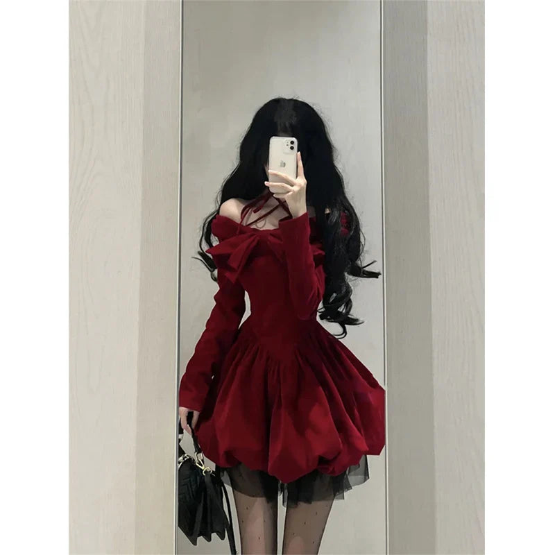 Vintage Bow Mini Dress Women Y2K Sexy Slash Neck Red Velvet Dresses Winter Kawaii Christmas Party Bodycon A Line Vestidos