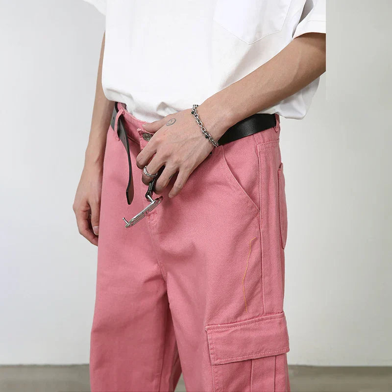 maoxiangshop Pink Cargo Jeans Pants Men Oversize Wide Leg Denim Trousers Male Loose Casual Japanese Streetwear Hip Hop Pocket