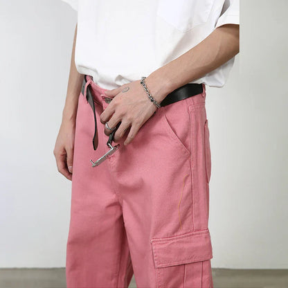 maoxiangshop Pink Cargo Jeans Pants Men Oversize Wide Leg Denim Trousers Male Loose Casual Japanese Streetwear Hip Hop Pocket