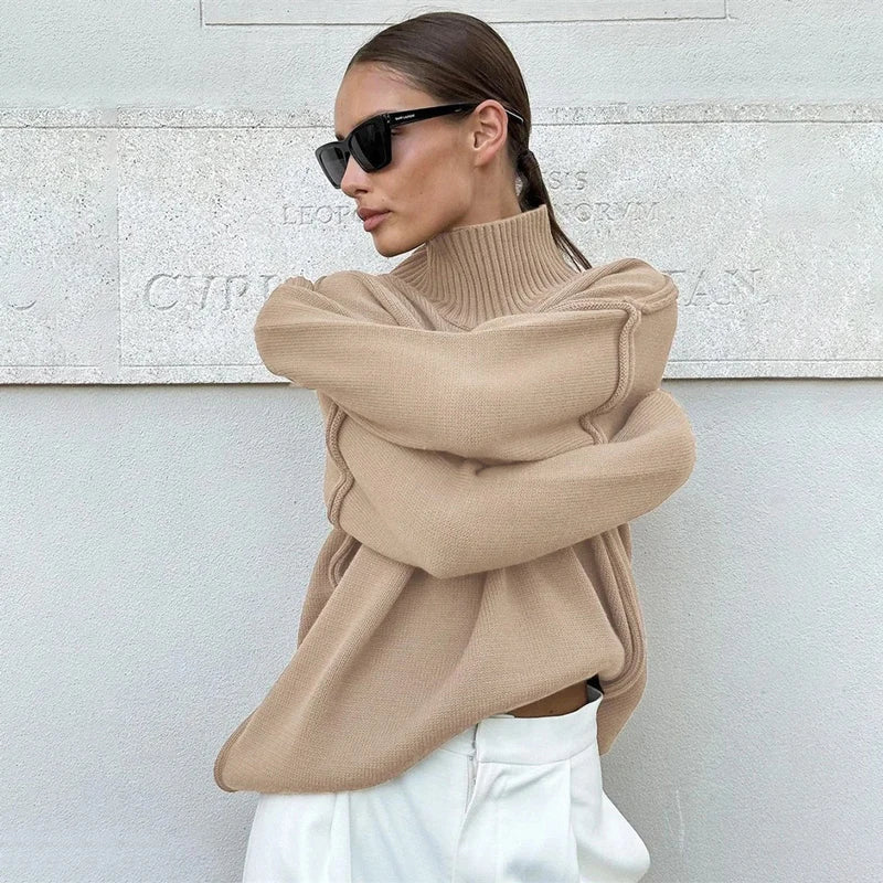 maoxiangshop  -  Winter Knit Turtleneck Pullover Female Clothes Loose Casual Ribbed Patchwork Long Sleeve Oversized Sweater Women Knitwear New