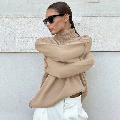 maoxiangshop  -  Winter Knit Turtleneck Pullover Female Clothes Loose Casual Ribbed Patchwork Long Sleeve Oversized Sweater Women Knitwear New