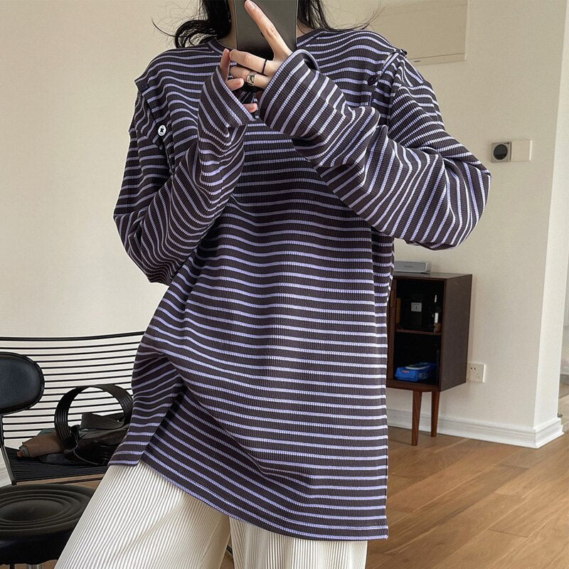 maoxiangshop Spring And Autumn Women's Casual Striped Sweatshirt Round Neck Long-sleeved Off-the-shoulder Loose Sweater