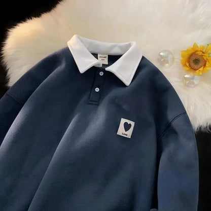 maoxiangshop Polo Collar Hoodies Heart Pattern Women Sweatshirt Thick Warm Autumn Vintage Female Hoodies Casual Long Sleeve Oversized Tops