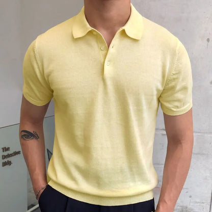 maoxiangshop Summer Simple Solid Color Casual Slim Lapel Polo Knit  Breathable Polo Camisa Hombre British  Men's Shirt Mannen Polo