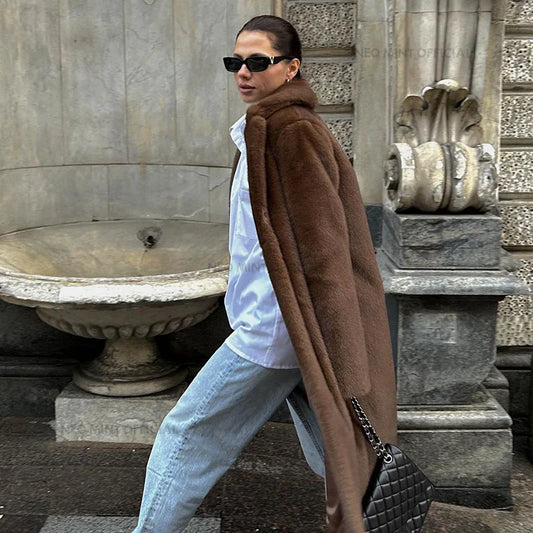 maoxiangshop  -  2024 Winter Luxury Faux Mink Fur Coat Women Iconic Brand Long Outerwear Jacket Crystal Hooks Street Style Warm Overcoat