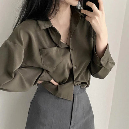 maoxiangshop Designed Women Shirts Korean Fashion Solid Long Sleeve Button Up Tops Office Ladies Chiffon Short Blouse New