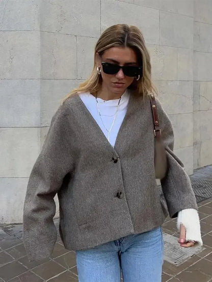 maoxiangshop  -  Warm Button Pockets V Neck Crop Jacket For Women Casual Solid Long Sleeves Short Coat 2024 New Autumn Lady Office Outerwear
