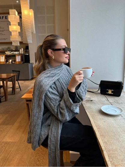 maoxiangshop  -  Women Casual Gray Knitted Sweater With Scarf Elegant Round Neck Long Sleeves Pullover 2024 Autumn Lady High Street Jumper Top