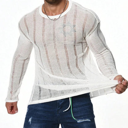 maoxiangshop Sexy See Through Knitted T Shirt Mens Long Sleeve O Neck Slim Stretch Knit Tops For Men Casual Breathable Solid Color Pullovers
