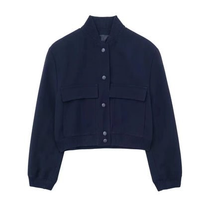 maoxiangshop  -  Y2K Style Jacket Women New Autumn Big Pocket French Jacket Coat Women Solid Color Single-breasted Baseball Outerwear Tops