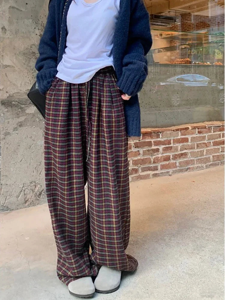 maoxiangshop  -  2024 Streetwear Sweet Plaid Pants Women Autumn Y2k Aesthetic Drawstring Casual Trousers High Waist Harajuku All Match Pantalones