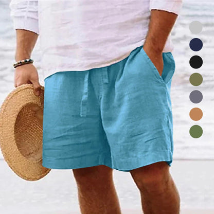 maoxiangshop Men's summer cotton and linen shorts with drawstring elastic waist, straight legs, solid color, breathable daily beach capris