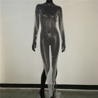 maoxiangshop-Y2K Sexy Shiny Rhinestones Grid Fishnet Dress Long Sleeve Hollow Out Side Slit Dress Beach Cover Up Breathable Lady Vestidos