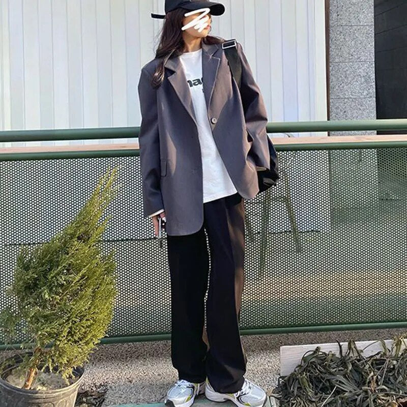 maoxiangshop Korean Style Gray Blazer for Women Spring Autumn Long Sleeve Loose Suit Coat Woman Single Breasted Chic Jackert Female