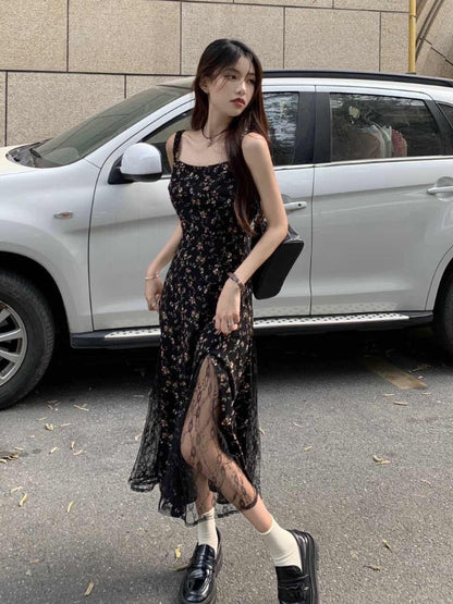 maoxiangshop Y2k Vintage Black Floral Dress Women Korean Style Mesh Irregular Split One Piece Slip Long Chiffon Fairy Dresses Summer