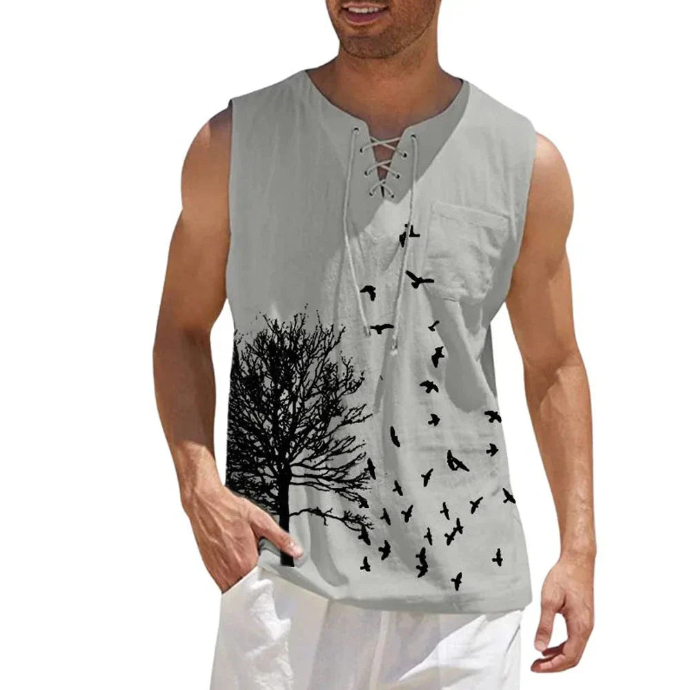 maoxiangshop Plus Size 4xl 5xl Mens Boho Tree Birds Print Shirts Summer Bandage Tops Men Sleeveless Blouse Male Pullovers Casual Shirt