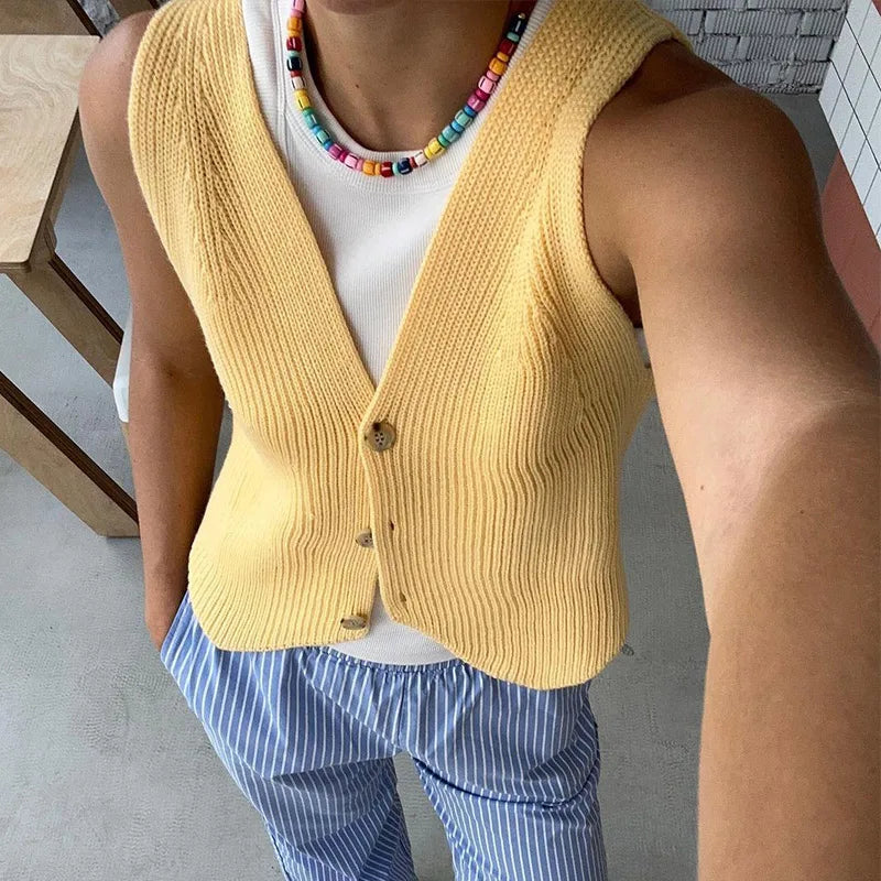 maoxiangshop  -  Casual Knitted Sleeveless Vests Women Solid Colorful Singled-Breasted Sweater Female Autumn Chic Loose Soft Tops All-matching