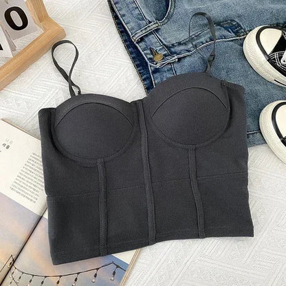 maoxiangshop Strap Sexy Tanks Women Solid Colours Femme Croset Crop Tops Built in Bras Korean Fashion Backless Camisole