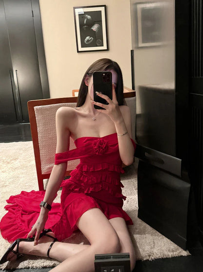 maoxiangshop  Summer Chiffon Irregular Red Split Dress Sexy Sleeveless Fashion Even Party Dress Wedding French Elegant Slim Dress Woman