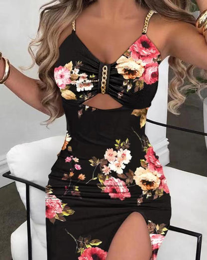 maoxiangshop Sexy Spaghetti Strap Backless Floral Midi Bodycon Dress Women Summer Black  Metal Chain Party Long Dresses For Women