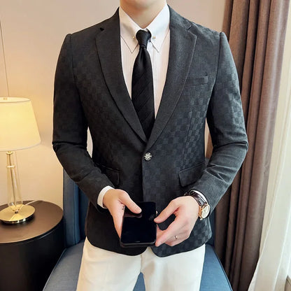 maoxiangshop Plus Size 5XL-M Luxury Checkered Slim Fit Business Blazers Mens 2024 Formal Single Button Fashion Social Party Suit Jacket