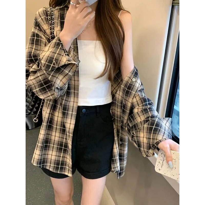 maoxiangshop Checkered Shirt for Women Button Up Collared Plaid Shirt Blouse Female Casual Outfit