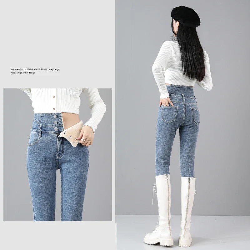 maoxiangshop Winter New Fleece High Waist Jeans for Women Classic Black Stretch Thickened Warm Slim Plush Velvet Pencil Denim Trousers