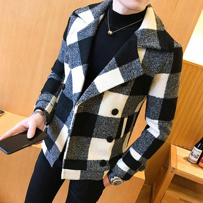 maoxiangshop Autumn Winter New Double-Breasted Windbreaker Slim Short Men Woolen Coat Fashion Retro Plaid Thick Casual Windbreaker Coat