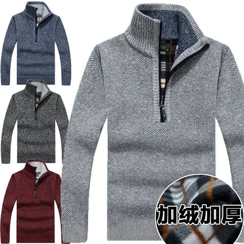 maoxiangshop MEN WINTER OUTFIT Men's Fleece Thicker Sweater Half Zipper Turtleneck Warm Pullover High Quality Male Slim Knitted Wool Sweaters For Spring