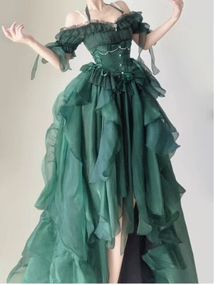 maoxiangshop Green Flower Wedding Dress Cos Lolita Dress Op Dress Lolita Heavy Industry Trail Puffy Princess Dress, Lolita Cosplay