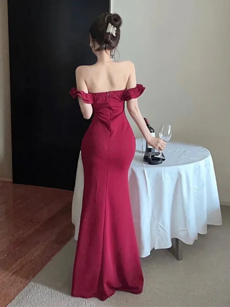 maoxiangshop DRESS TO IMPRESS France Vintage Elegant Evening Party Dress Women Y2k Ruffled One Shoulder Strapless Midi Dress Famale Solid Korean Chic Clothes