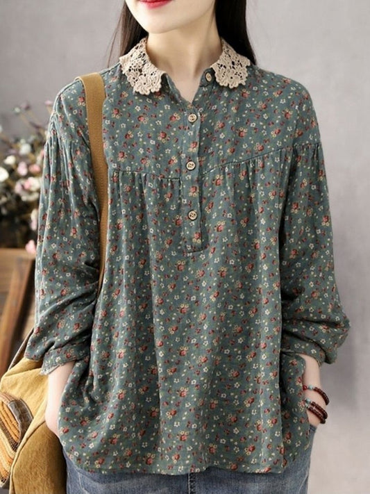 maoxiangshopWomen Long Sleeve Casual Shirts New Spring Vintage Style Lace Collar Floral Print Loose Female Cotton Tops Shirt