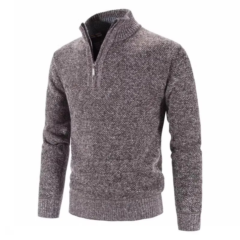 maoxiangshop Autumn Winter Thick Knitted Sweater Men Pullovers Solid Color Zipper Mock Neck Slim Fit Knit Pullovers Men Causal Sweater Man