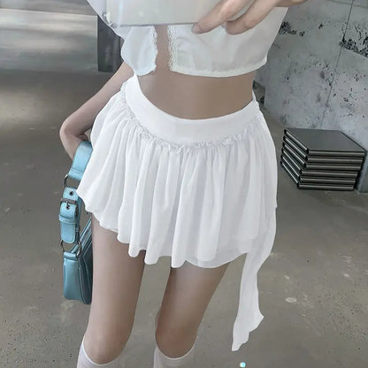 maoxiangshop Ruffle Mini Skirt Women Chiffon Patchwork Ribbon Blue High Waist Fairycore Tulle Skirt Shorts Cute Sexy Skort Summer