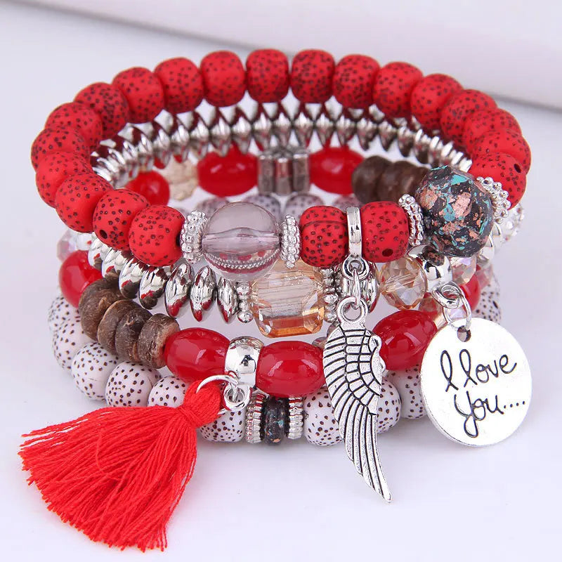 maoxiangshop Valentines Day Bohemian Multicolor Pink Crystal Beads Bracelets Women Girls Elastic Tassel Wing Letters Rope Bracelet Pulseira Feminina