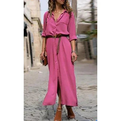 maoxiangshop-Summer Button Side Split Long Dress Women Solid Casual Loose Dress Ladies Long Sleeve Midi Dresses 2024 Luxuri Even Dress