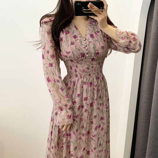 maoxiangshop New Flower Dress Women Floral Chiffon Clothes Maxi Dresses Beach Elegant Autumn Pink Korean Long Sleeve V Neck Vestidos De Mujer