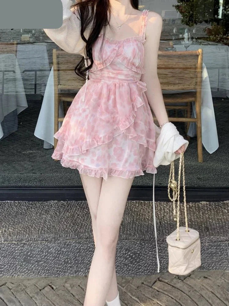 maoxiangshop Summer Pink Floral Y2k Mini Dress Woman Sweet One Piece Dress Korean Fashion Chiffon Long Sleeve Short Party Dress Beach