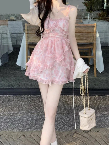 maoxiangshop Summer Pink Floral Y2k Mini Dress Woman Sweet One Piece Dress Korean Fashion Chiffon Long Sleeve Short Party Dress Beach