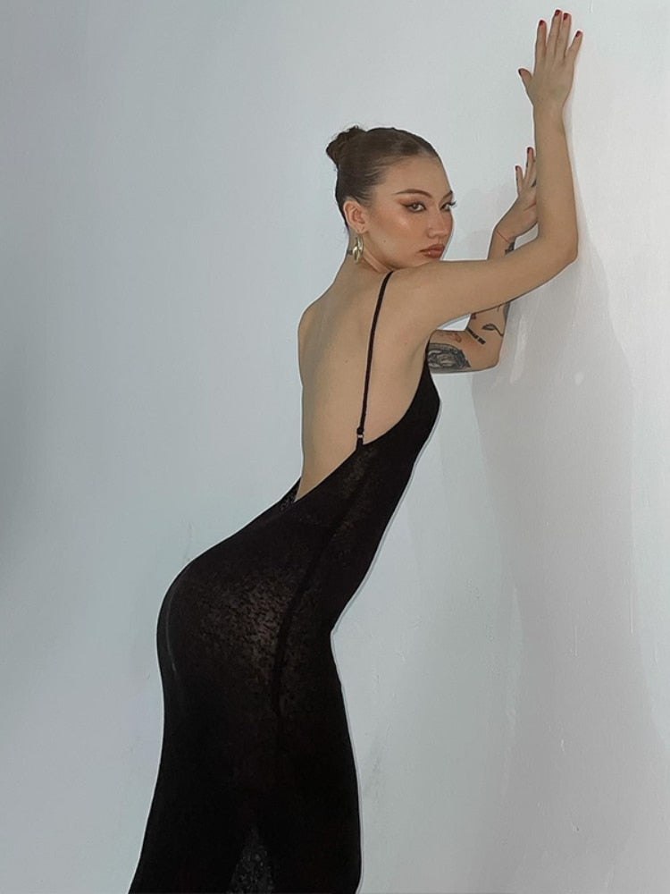 Sexy Ribbed Knitted Backless Strap Maxi Dresses Women  Summer Black See Through Fishtail Dress Elegant Party Club Outfits