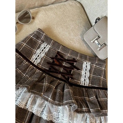maoxiangshop  -  Kawaii Ruffle Lace Plaid Skirts Women Sweet Elegant Mini Skirt Cutecore Autumn Winter Patchwork A-line Short Skirts