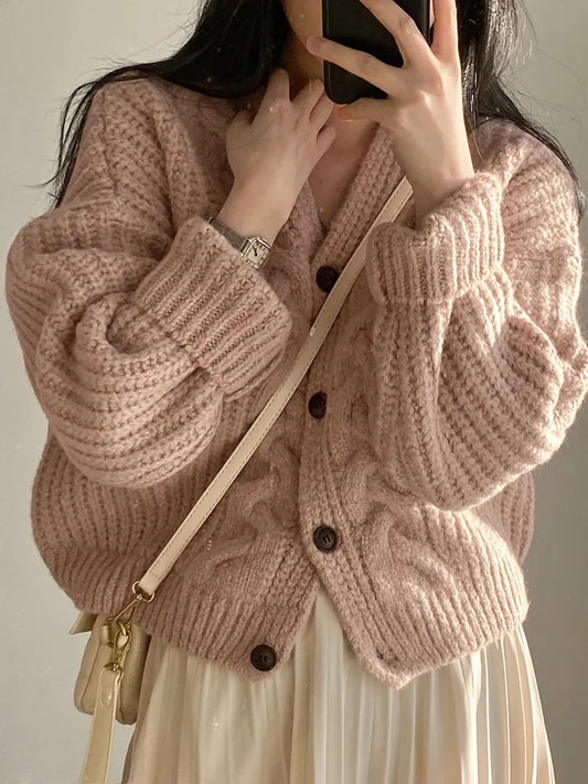 maoxiangshopKorean Thick Women Cardigan Knitted Sweater Autumn Winter chic Loose Long Sleeve Tops Simple Solid sweater jacket for Female