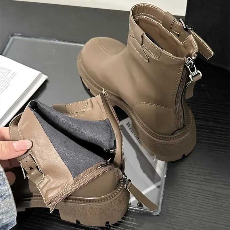 maoxiangshop  -  Autumn Winter Chunky Platform Boots Women Soft Leather Stretch Ankle Boots Fashion Belt Buckle Back Zip Design Knight Boots