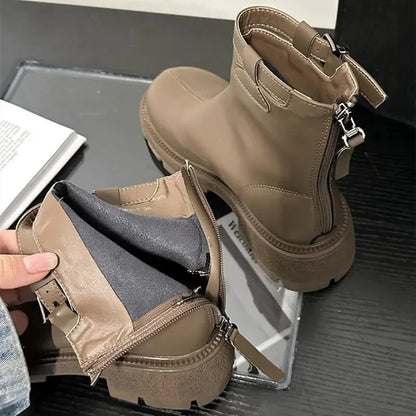 maoxiangshop  -  Autumn Winter Chunky Platform Boots Women Soft Leather Stretch Ankle Boots Fashion Belt Buckle Back Zip Design Knight Boots