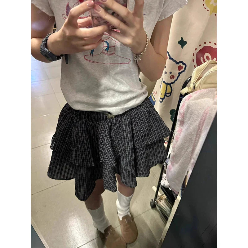 Vintage Plaid Mini Skirt Women Preppy Kawaii Ruffles Ball Gown Skirts Summer Japanese Harajuku High Waist A Line Skirt New