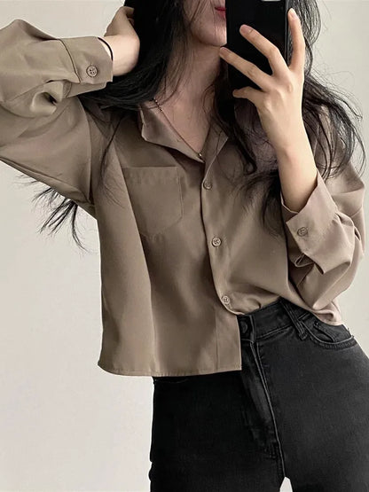 maoxiangshop Designed Women Shirts Korean Fashion Solid Long Sleeve Button Up Tops Office Ladies Chiffon Short Blouse New