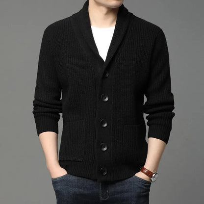 maoxiangshop High Quality Autumn Winter Cardigan Men Thick Knitted Solid Sweater Jakcet Fashion Turn Down Collar Single Breasted Cardigan Men